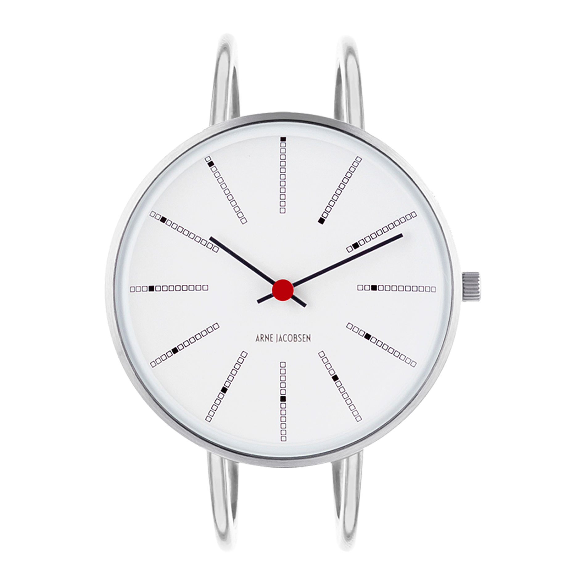 Frontvisning af Arne Jacobsen Bankers armbåndsur med hvid urskive.