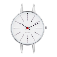 Frontvisning af Arne Jacobsen Bankers armbåndsur med hvid urskive.