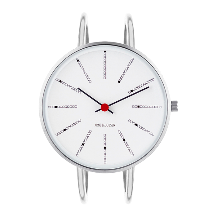 Frontvisning af Arne Jacobsen Bankers armbåndsur med hvid urskive.