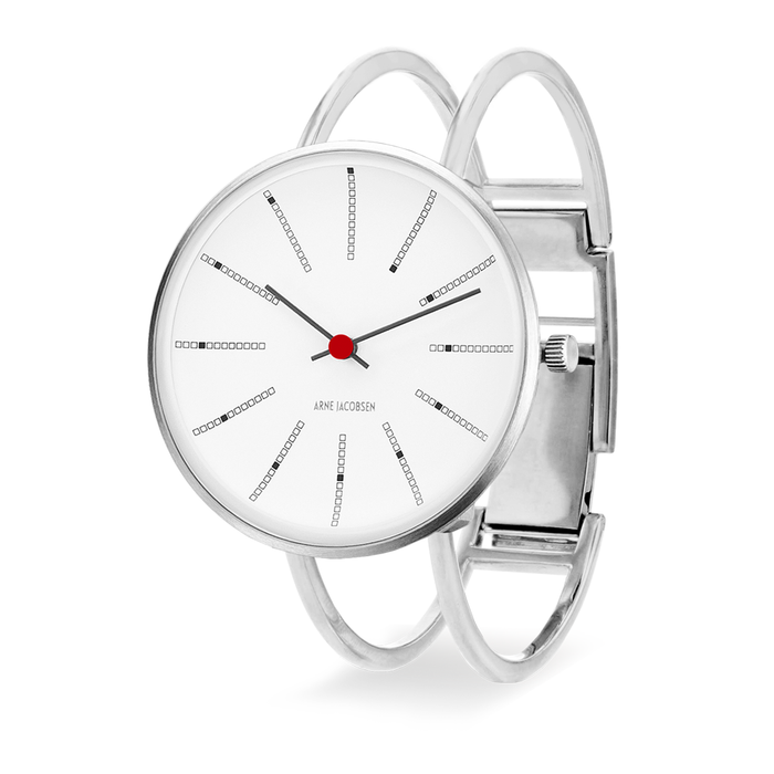 Arne Jacobsen Bankers 34 mm ur med hvid urskive og poleret stålarmring.