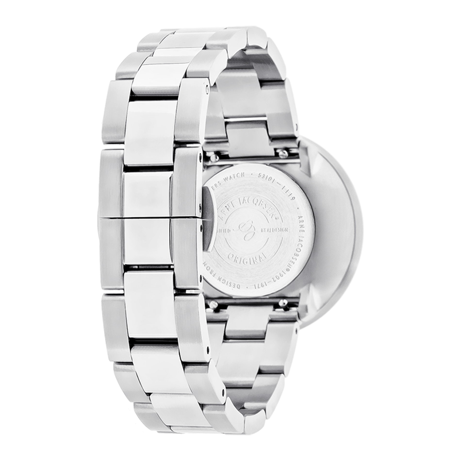 Bagside af Arne Jacobsen Bankers 34 mm ur med stållænke.