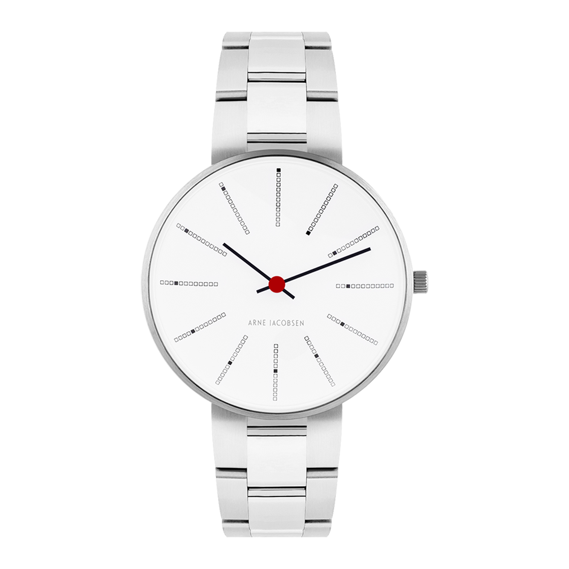 Frontvisning af Arne Jacobsen Bankers armbåndsur med hvid urskive.
