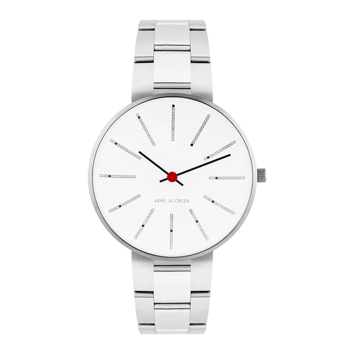 Frontvisning af Arne Jacobsen Bankers armbåndsur med hvid urskive.