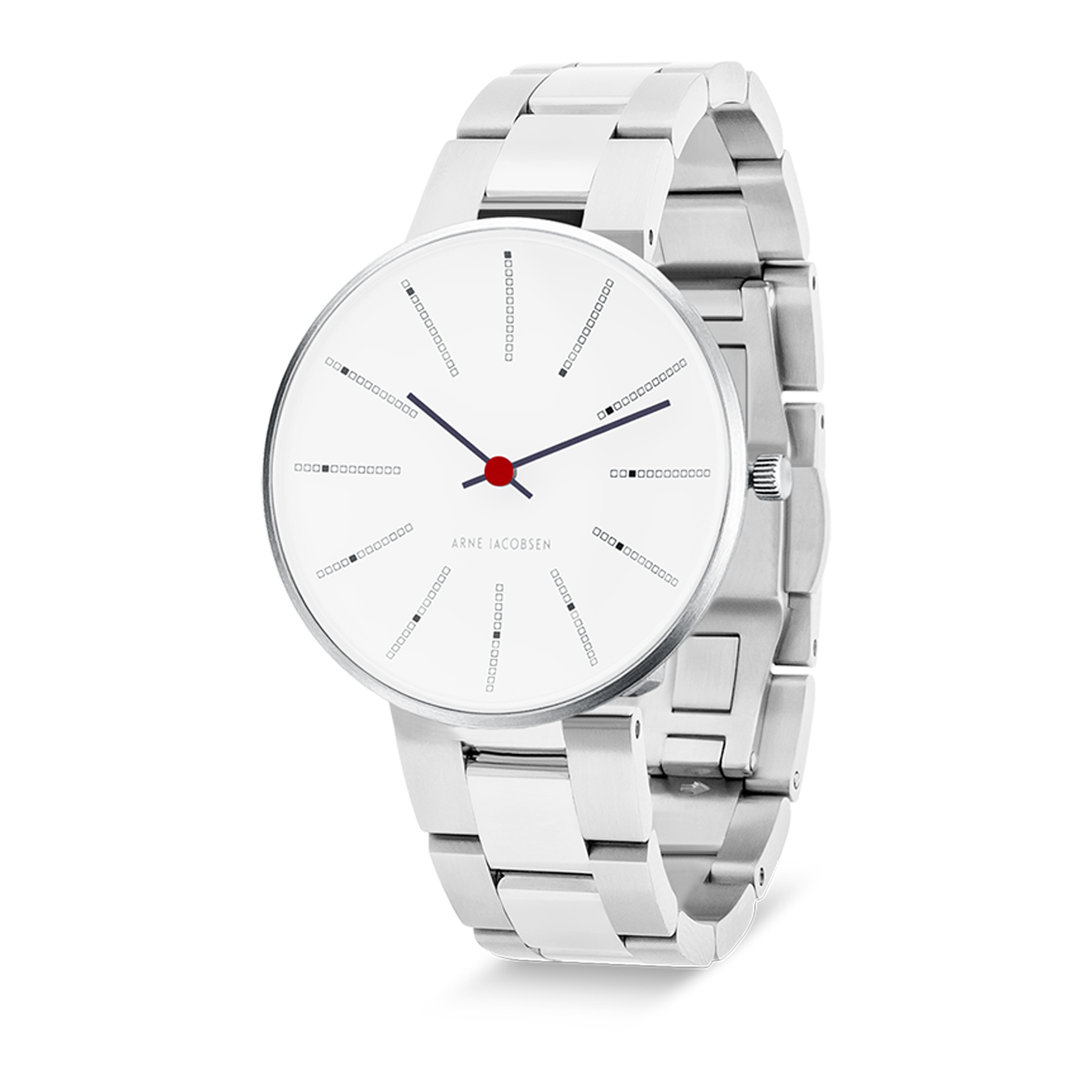 Arne Jacobsen Bankers 34 mm ur med hvid urskive og stållænke.
