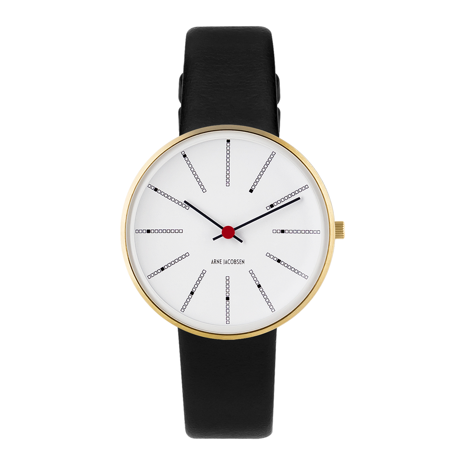 Frontvisning af Arne Jacobsen Bankers Hvid 34 mm forgyldt med hvid urskive.