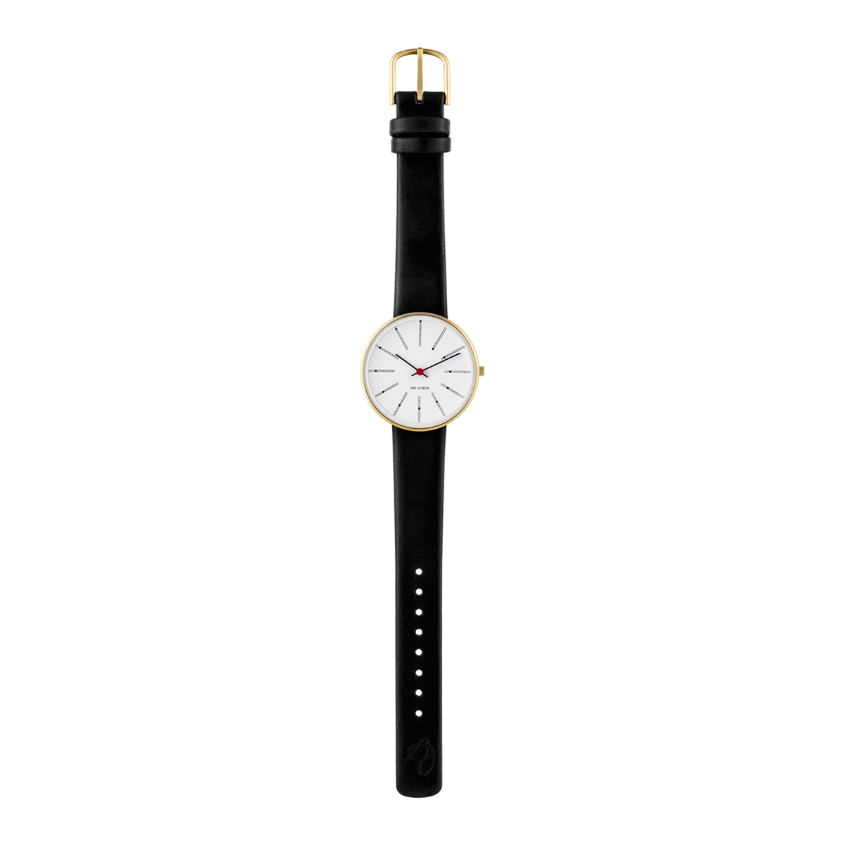 Arne Jacobsen Bankers Hvid 34 mm forgyldt med sort kalveskindsrem i fuld længde.