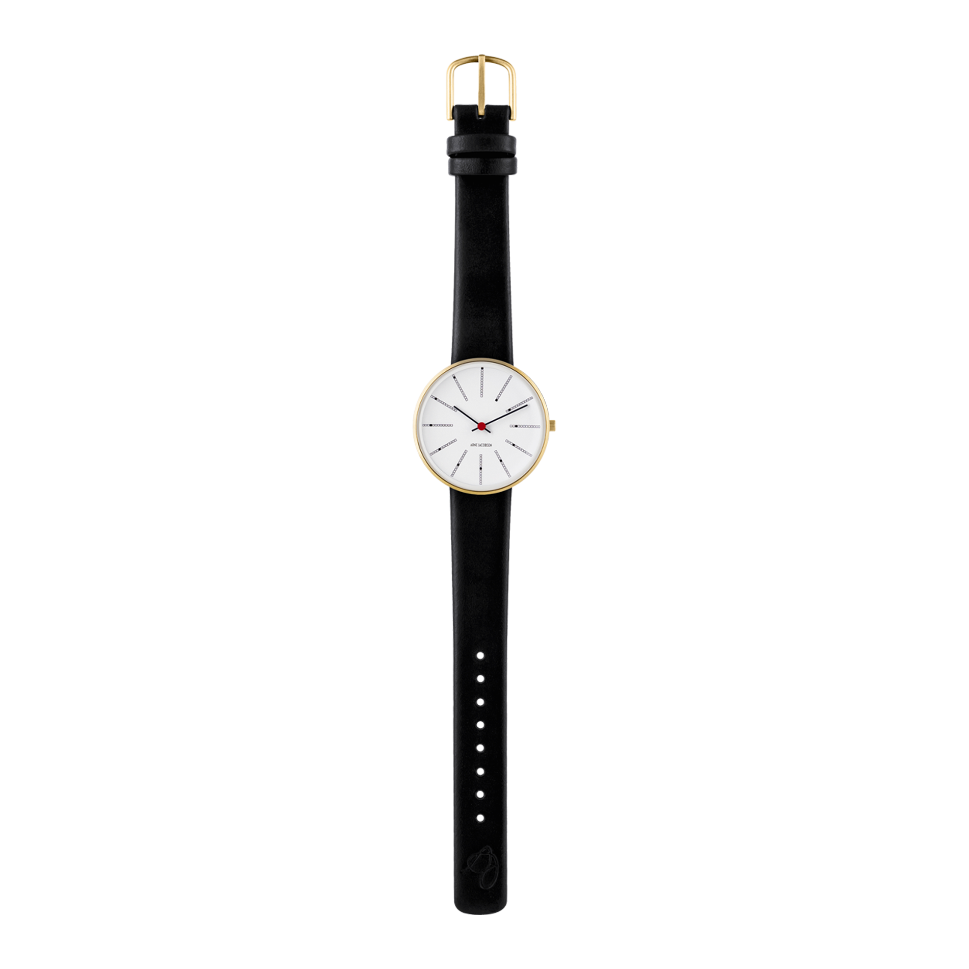 Arne Jacobsen Bankers Hvid 34 mm forgyldt med sort kalveskindsrem i fuld længde.