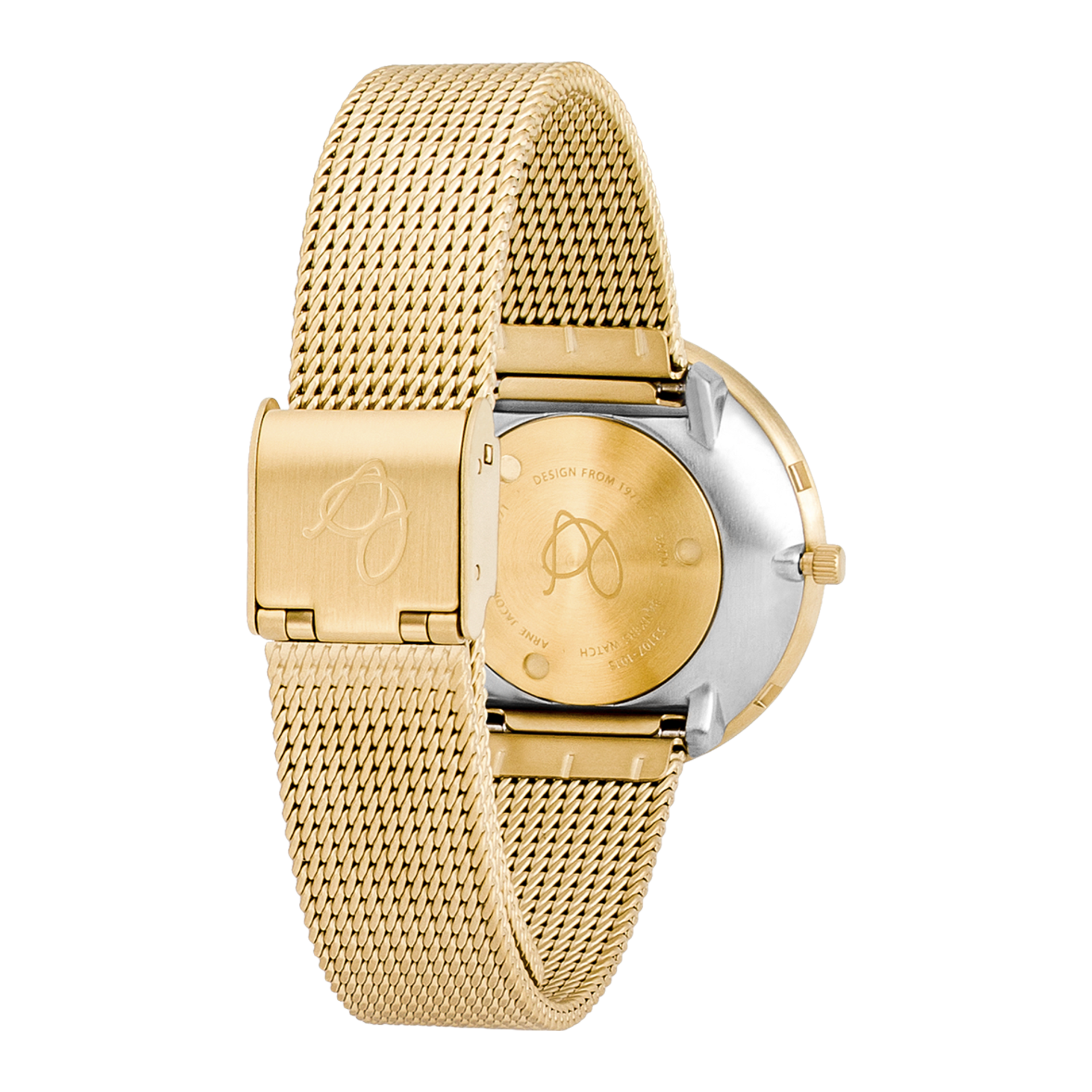Bagside af Arne Jacobsen Bankers Hvid 34 mm forgyldt med mat guldfarvet mesh-rem.