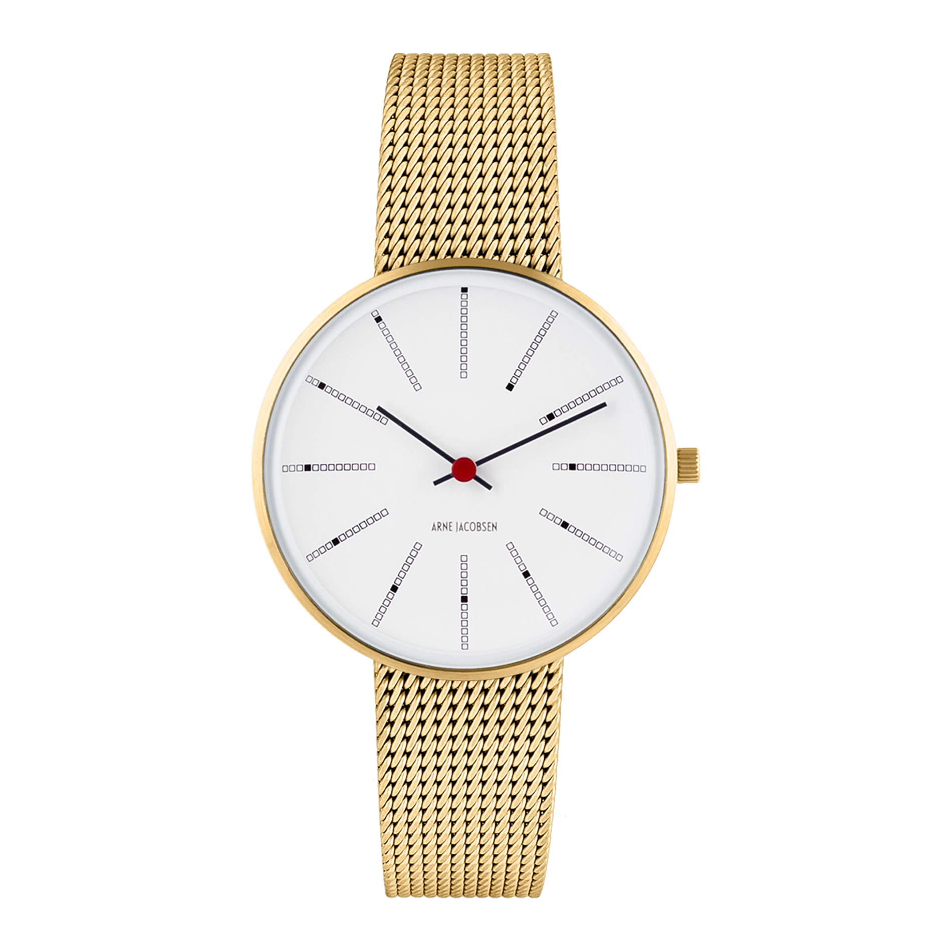 Frontvisning af Arne Jacobsen Bankers Hvid 34 mm forgyldt med hvid urskive.