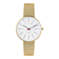 Frontvisning af Arne Jacobsen Bankers Hvid 34 mm forgyldt med hvid urskive.
