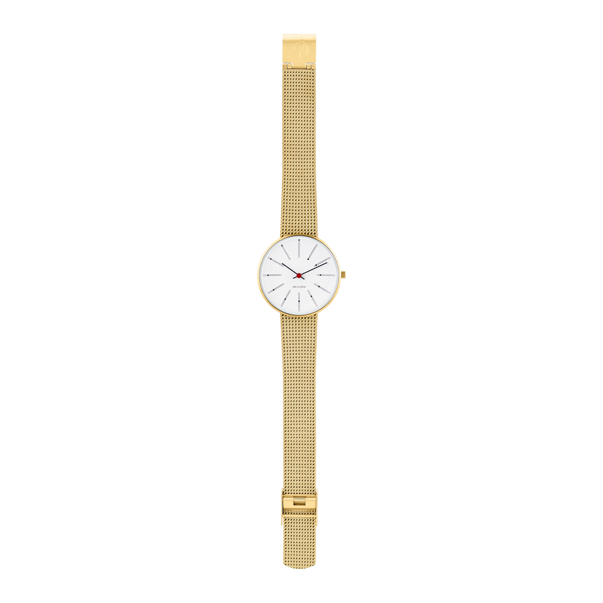 Arne Jacobsen Bankers Hvid 34 mm forgyldt med mat guldfarvet mesh-rem i fuld længde.