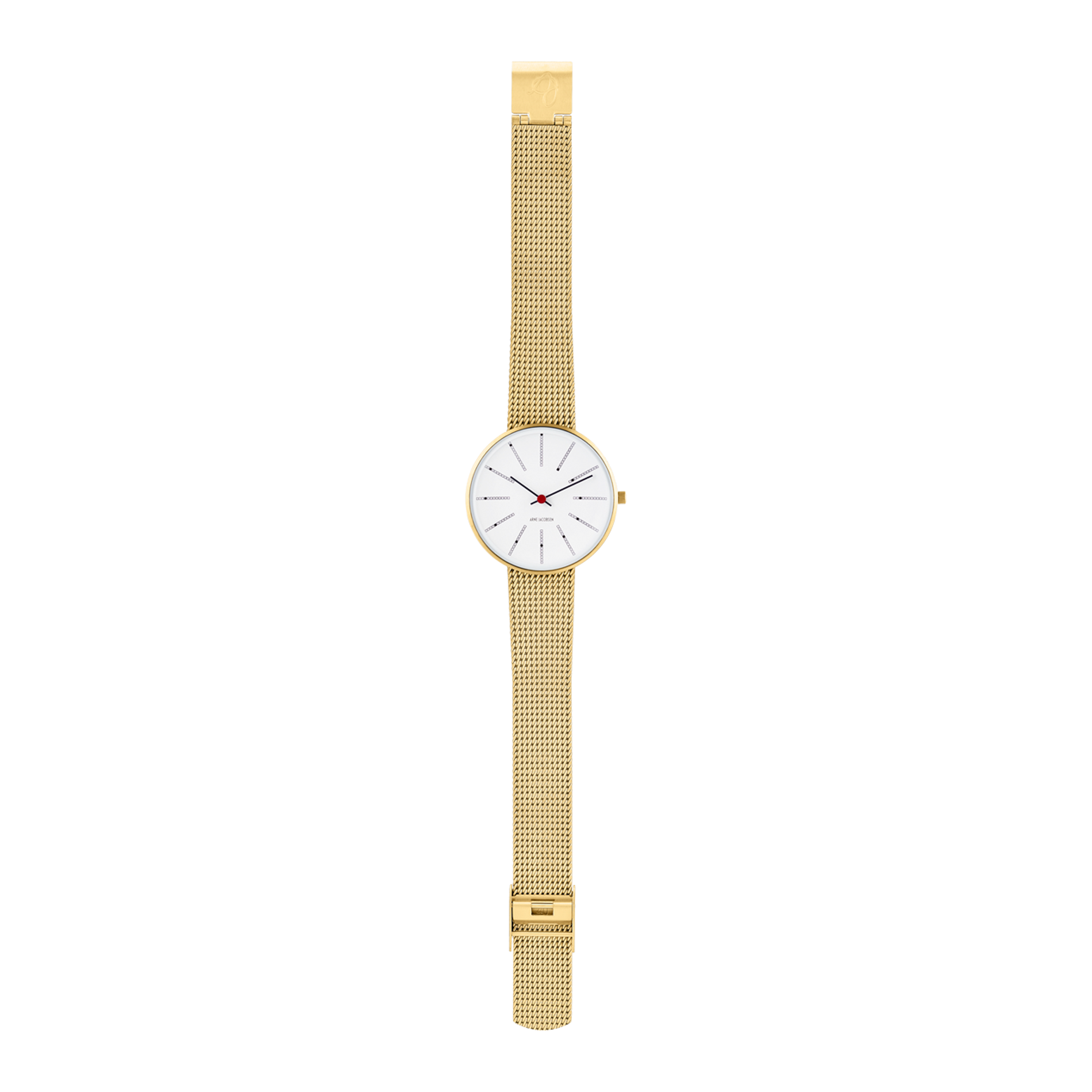 Arne Jacobsen Bankers Hvid 34 mm forgyldt med mat guldfarvet mesh-rem i fuld længde.