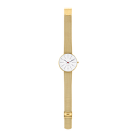 Arne Jacobsen Bankers Hvid 34 mm forgyldt med mat guldfarvet mesh-rem i fuld længde.