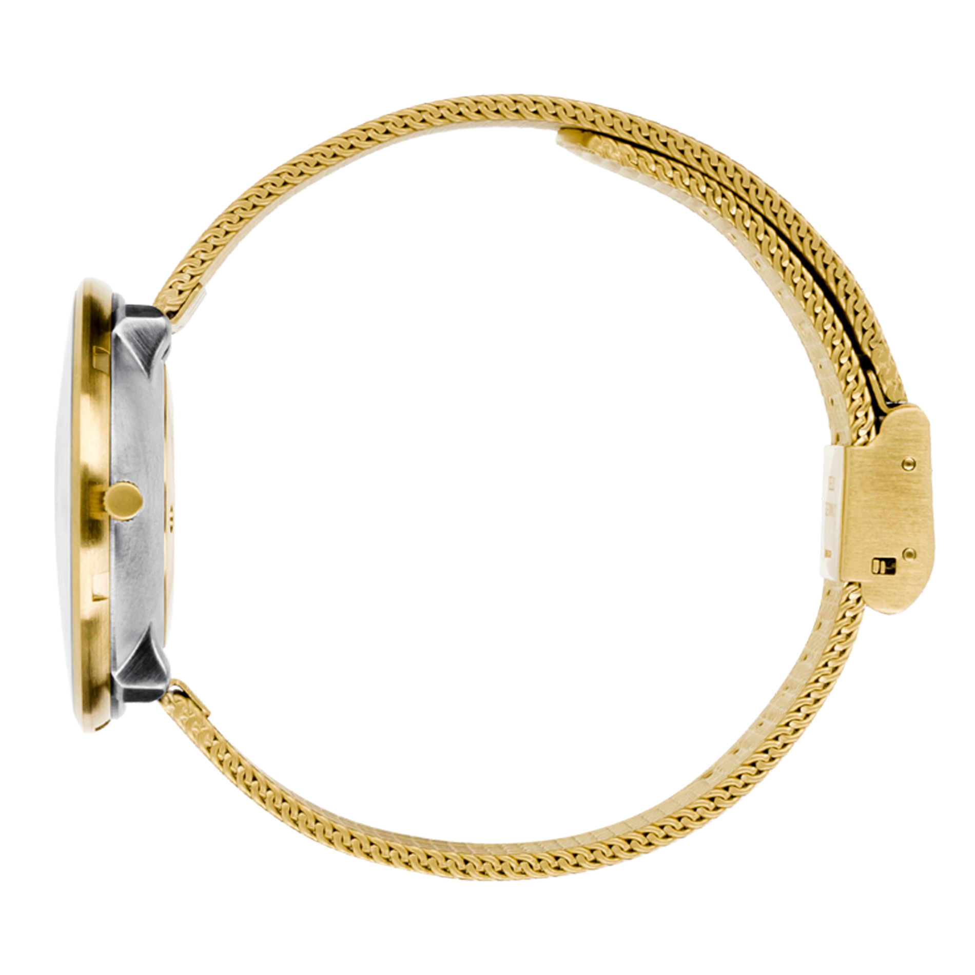 Sideprofil af Arne Jacobsen Bankers Hvid 34 mm med forgyldt urkasse og mesh-rem.