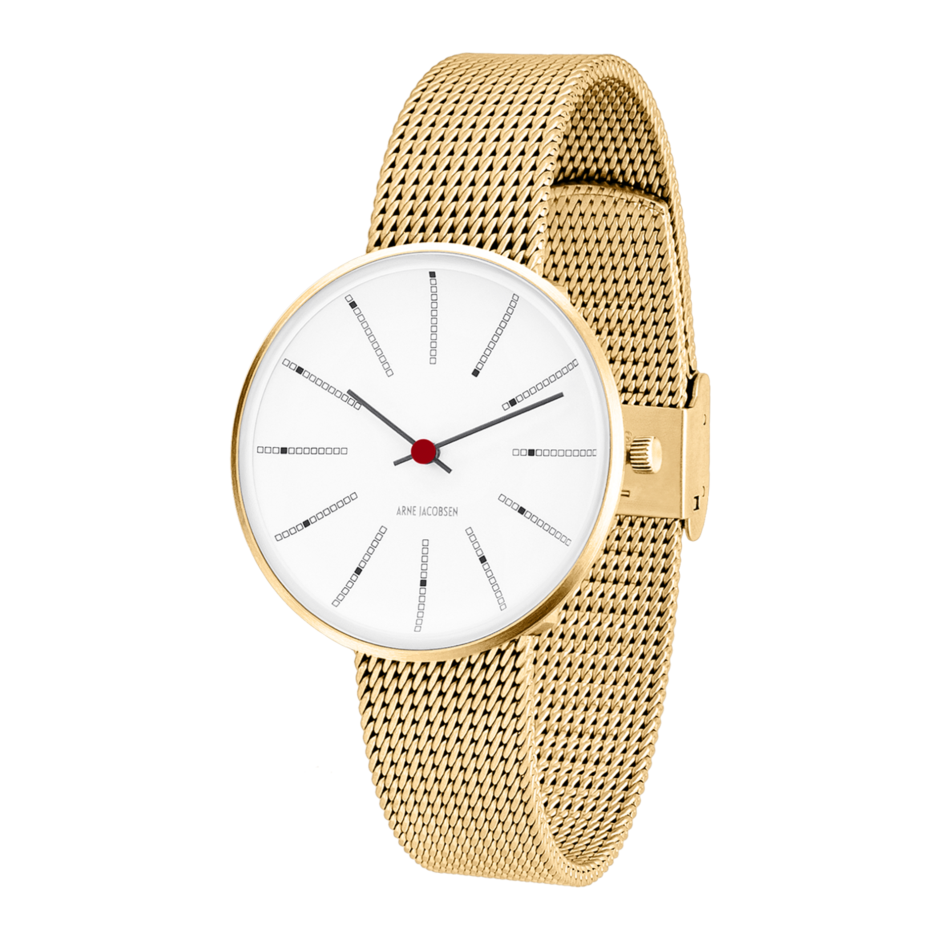 Arne Jacobsen Bankers Hvid 34 mm forgyldt med mat guldfarvet mesh-rem set fra vinkel.
