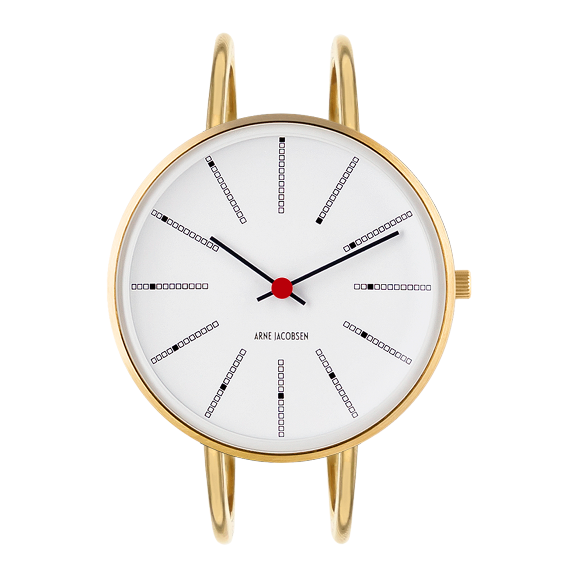 Frontvisning af Arne Jacobsen Bankers Hvid 34 mm forgyldt med hvid urskive.