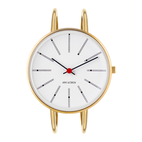 Frontvisning af Arne Jacobsen Bankers Hvid 34 mm forgyldt med hvid urskive.