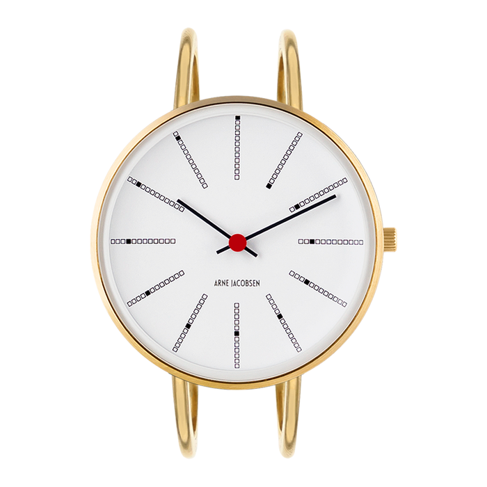 Frontvisning af Arne Jacobsen Bankers Hvid 34 mm forgyldt med hvid urskive.