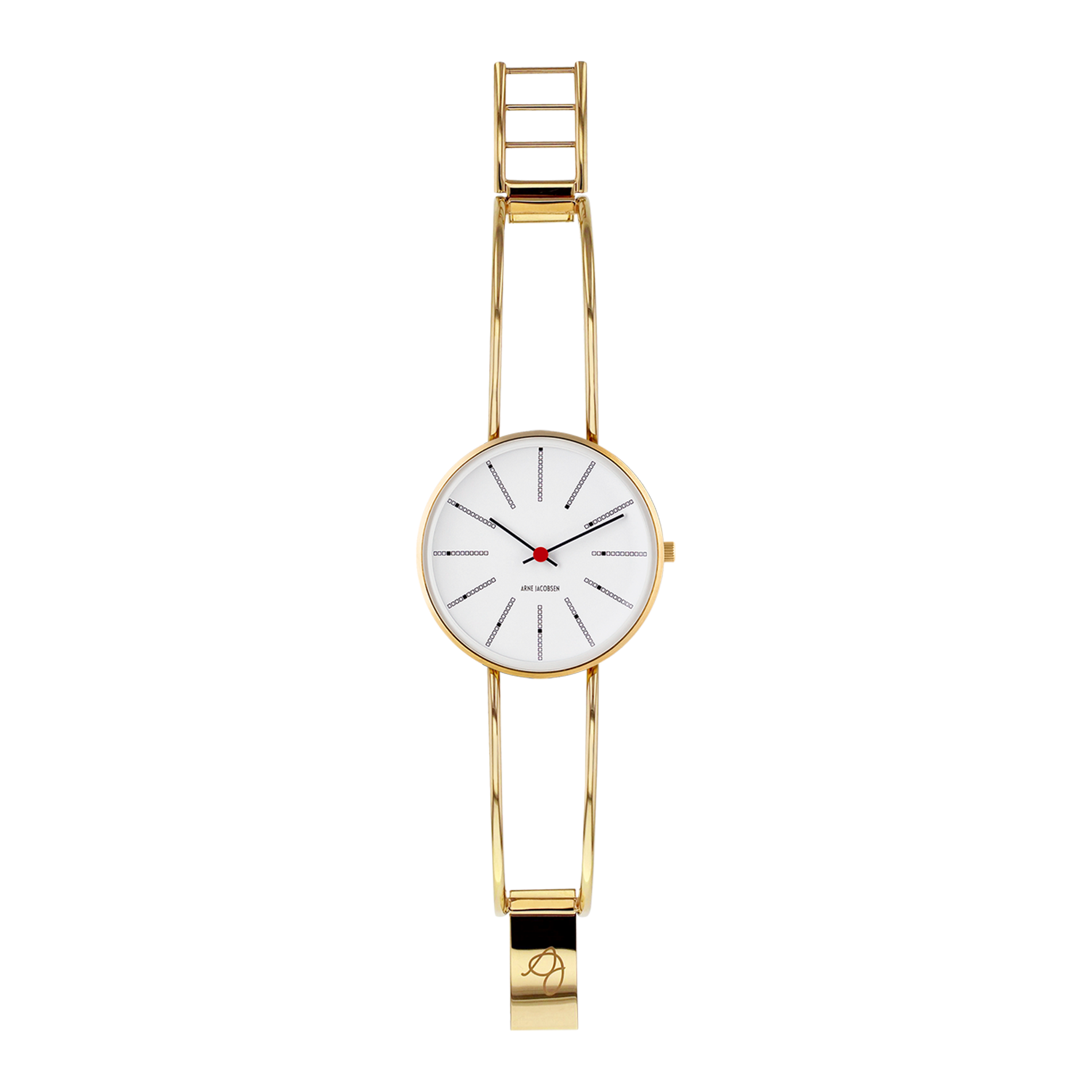 Arne Jacobsen Bankers Hvid 34 mm forgyldt med poleret guldring i fuld længde.