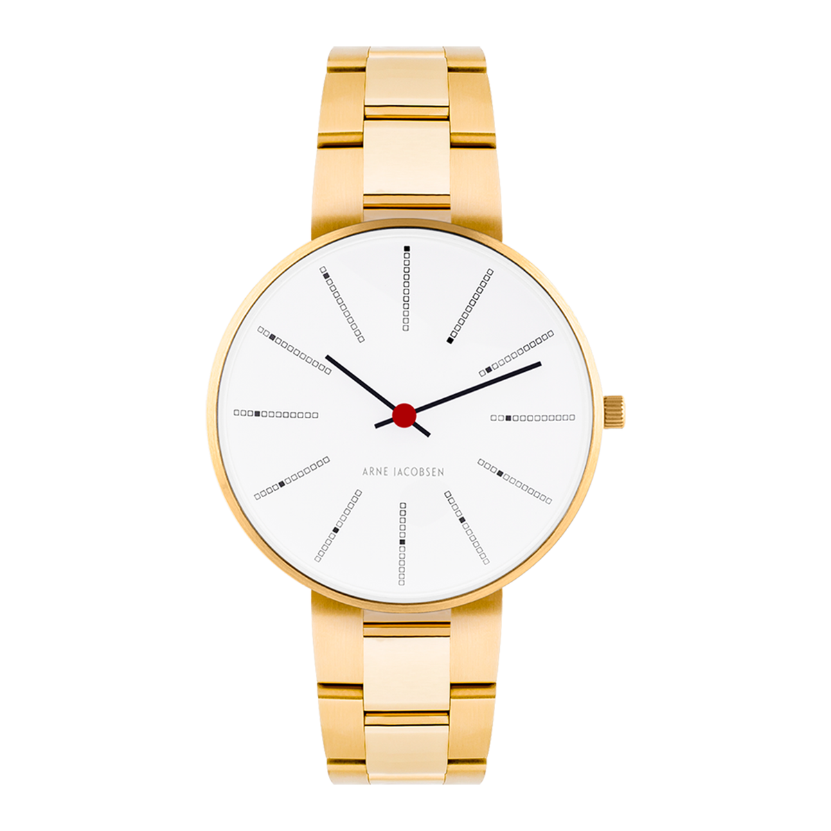 Frontvisning af Arne Jacobsen Bankers Hvid 34 mm forgyldt med hvid urskive.