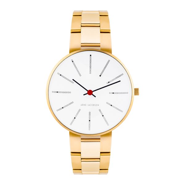 Frontvisning af Arne Jacobsen Bankers Hvid 34 mm forgyldt med hvid urskive.