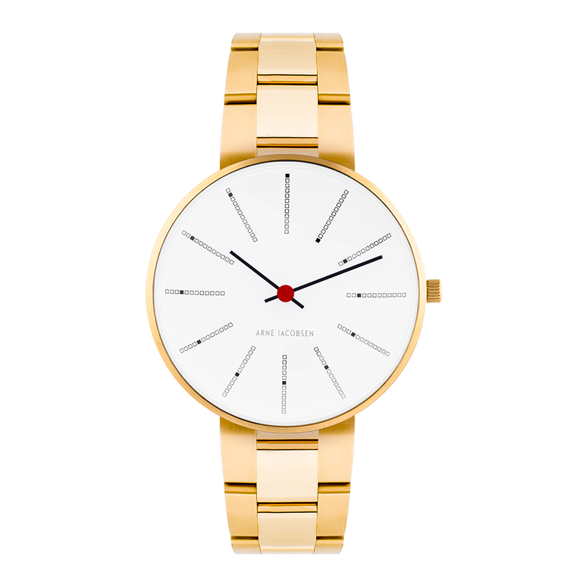 Frontvisning af Arne Jacobsen Bankers Hvid 34 mm forgyldt med hvid urskive.