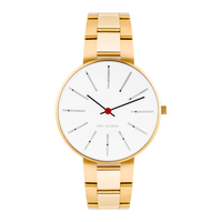Frontvisning af Arne Jacobsen Bankers Hvid 34 mm forgyldt med hvid urskive.