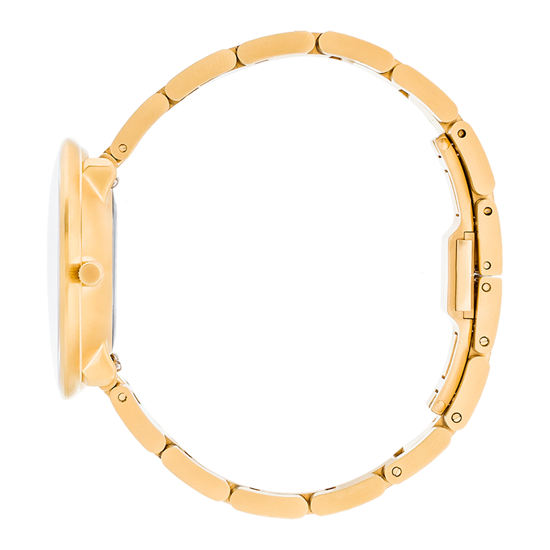 Sideprofil af Arne Jacobsen Bankers Hvid 34 mm forgyldt med guldfarvet stållænke.