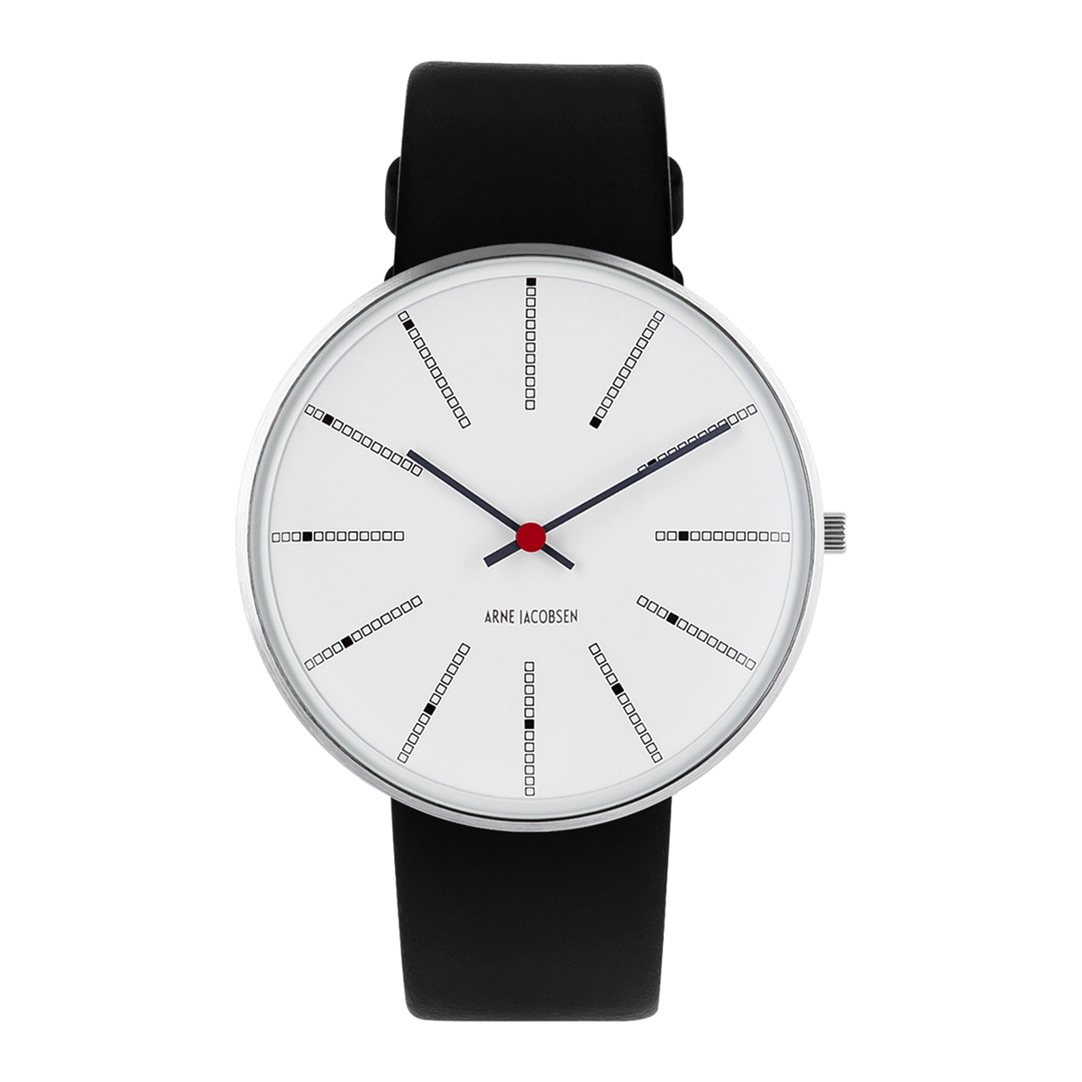 Frontvisning af Arne Jacobsen Bankers armbåndsur med hvid urskive.