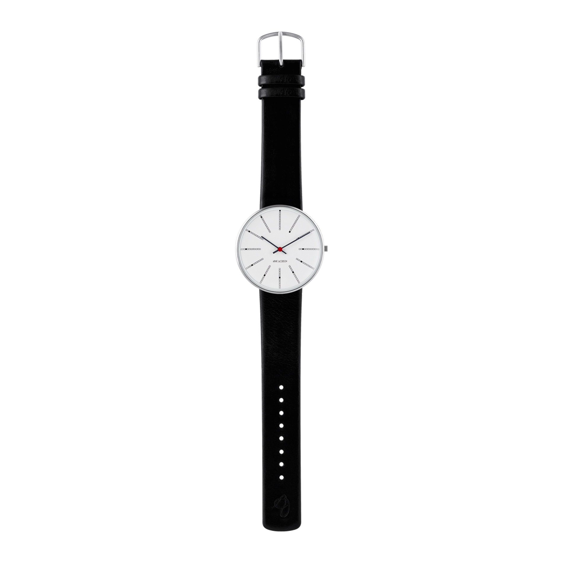 Arne Jacobsen Bankers 40 mm ur med sort læderrem og spænde i børstet stål.