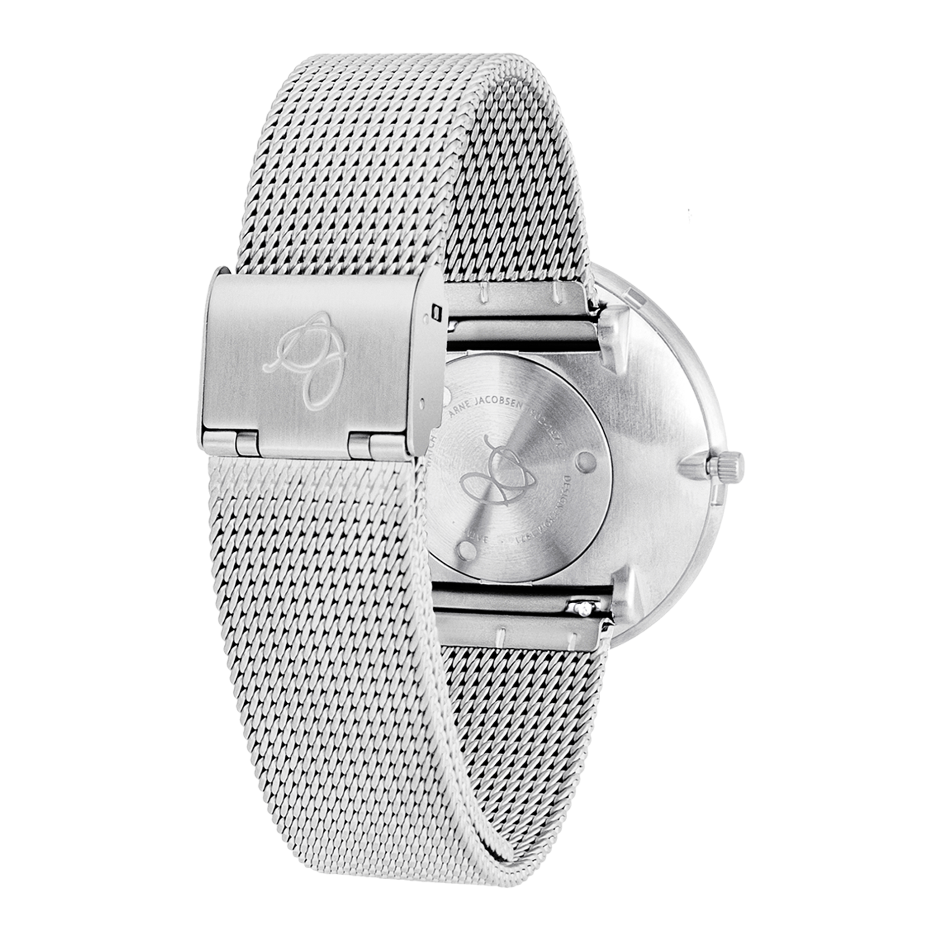 Bagside af Arne Jacobsen Bankers 40 mm ur med mesh-rem i mat stål.