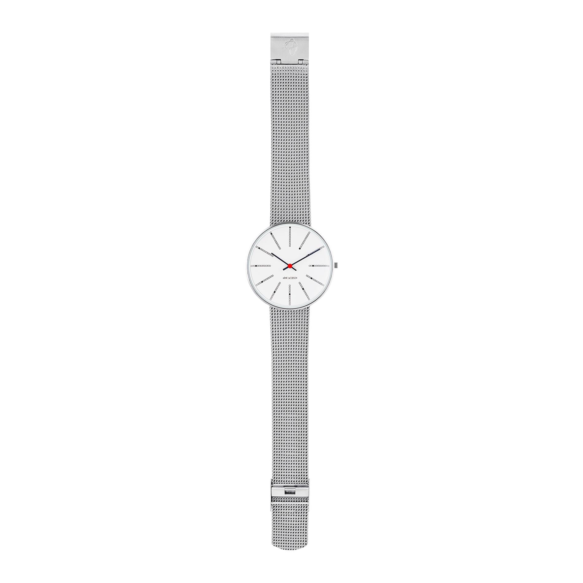 Arne Jacobsen Bankers armbåndsur i fuld længde med hvid urskive og mesh-rem.