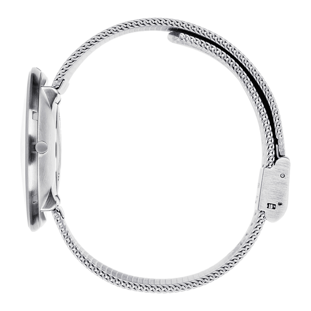 Sideprofil af Arne Jacobsen Bankers 40 mm ur med mat stål mesh-rem.