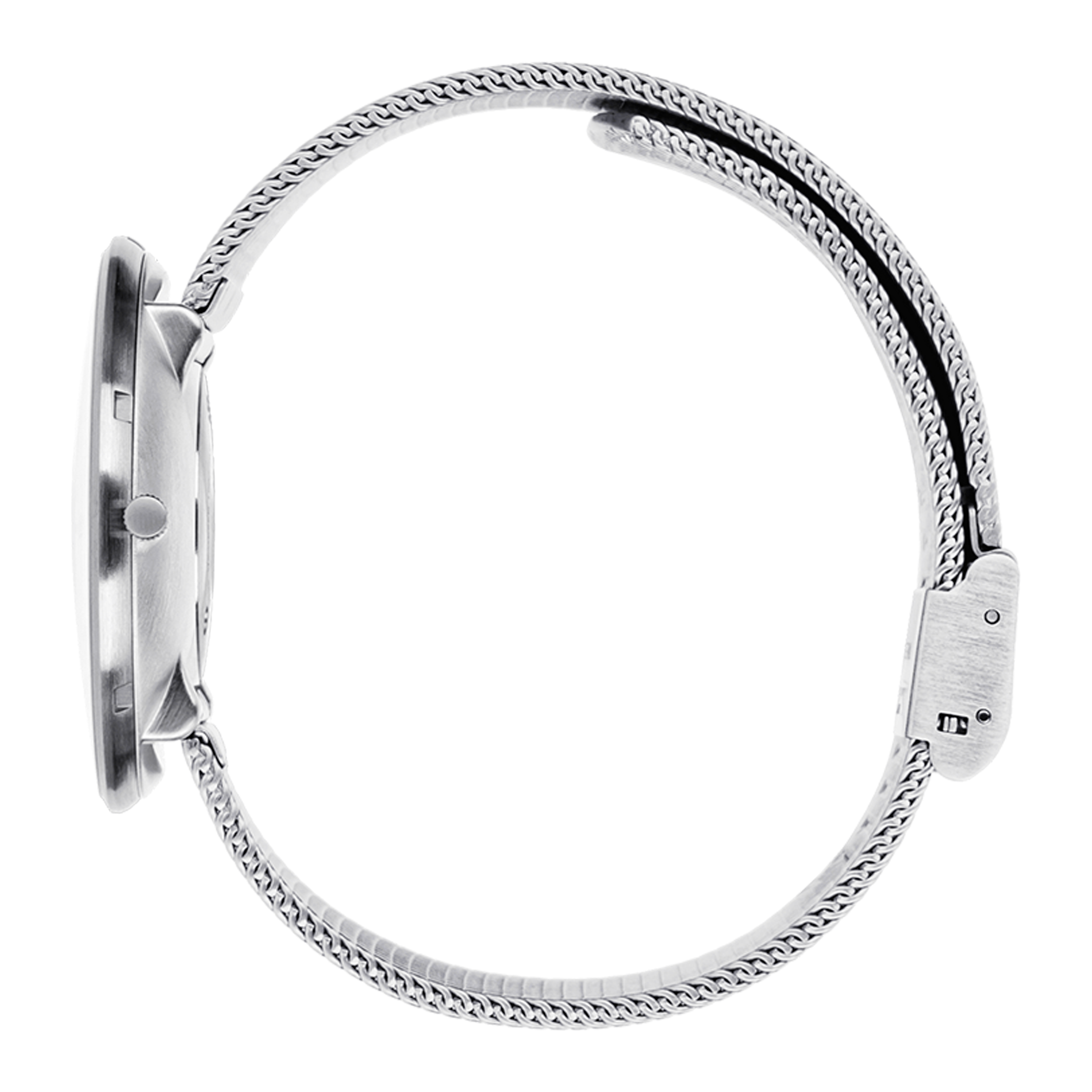 Sideprofil af Arne Jacobsen Bankers 40 mm ur med mat stål mesh-rem.