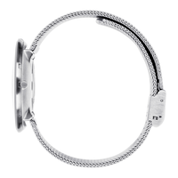 Sideprofil af Arne Jacobsen Bankers 40 mm ur med mat stål mesh-rem.