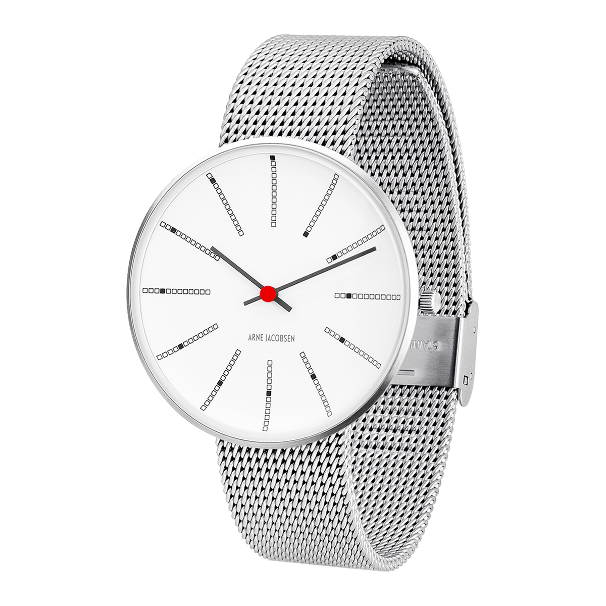 Arne Jacobsen Bankers 40 mm armbåndsur med hvid urskive og mesh-rem i mat stål.