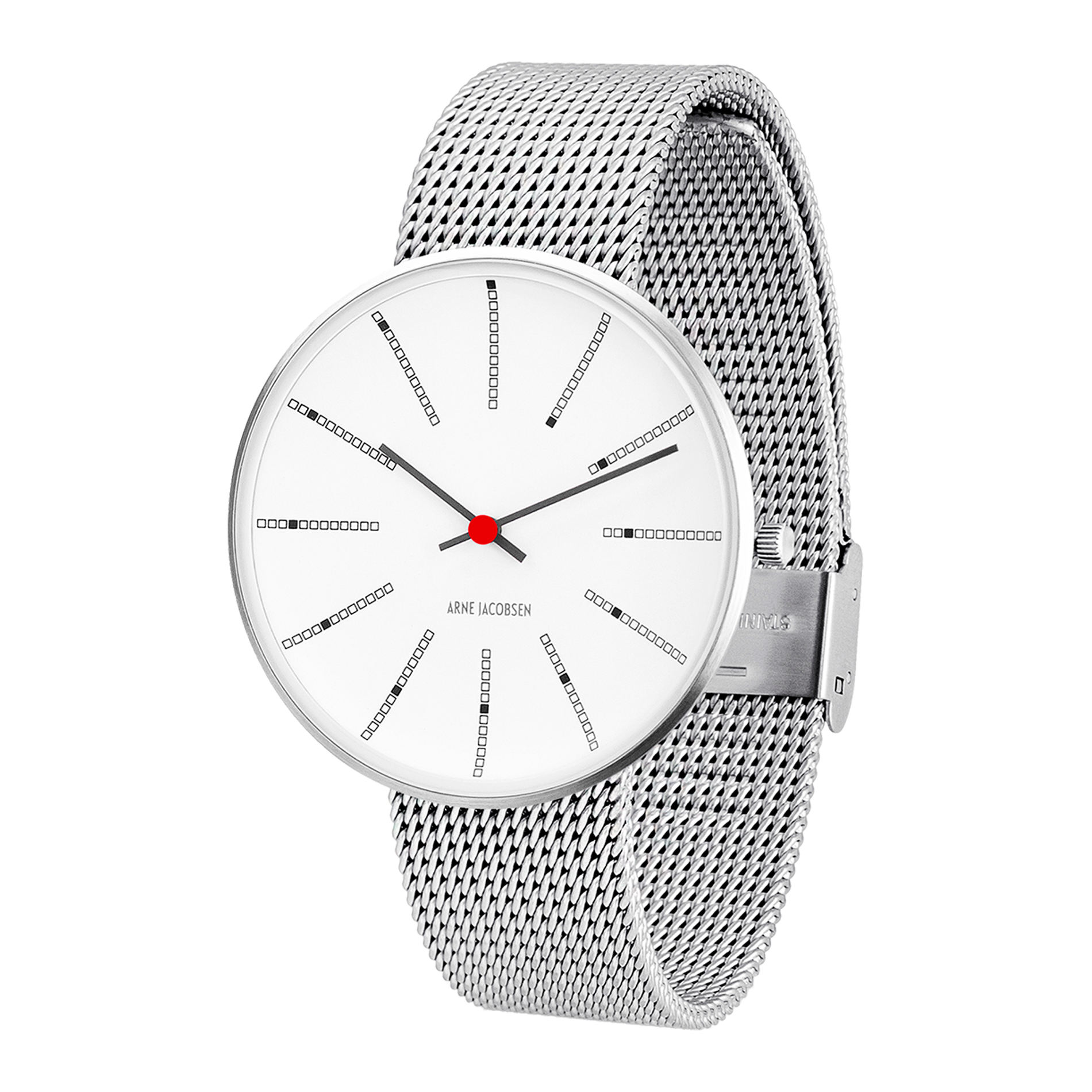 Arne Jacobsen Bankers 40 mm armbåndsur med hvid urskive og mesh-rem i mat stål.