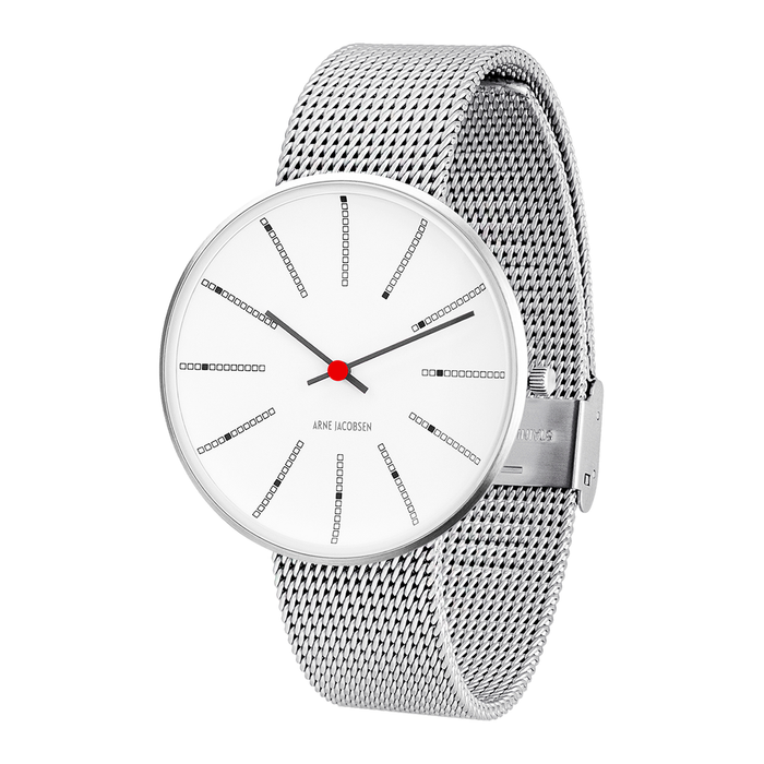 Arne Jacobsen Bankers 40 mm armbåndsur med hvid urskive og mesh-rem i mat stål.