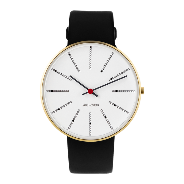 Frontvisning af Arne Jacobsen Bankers Hvid 40 mm forgyldt med hvid urskive og sort læderrem.
