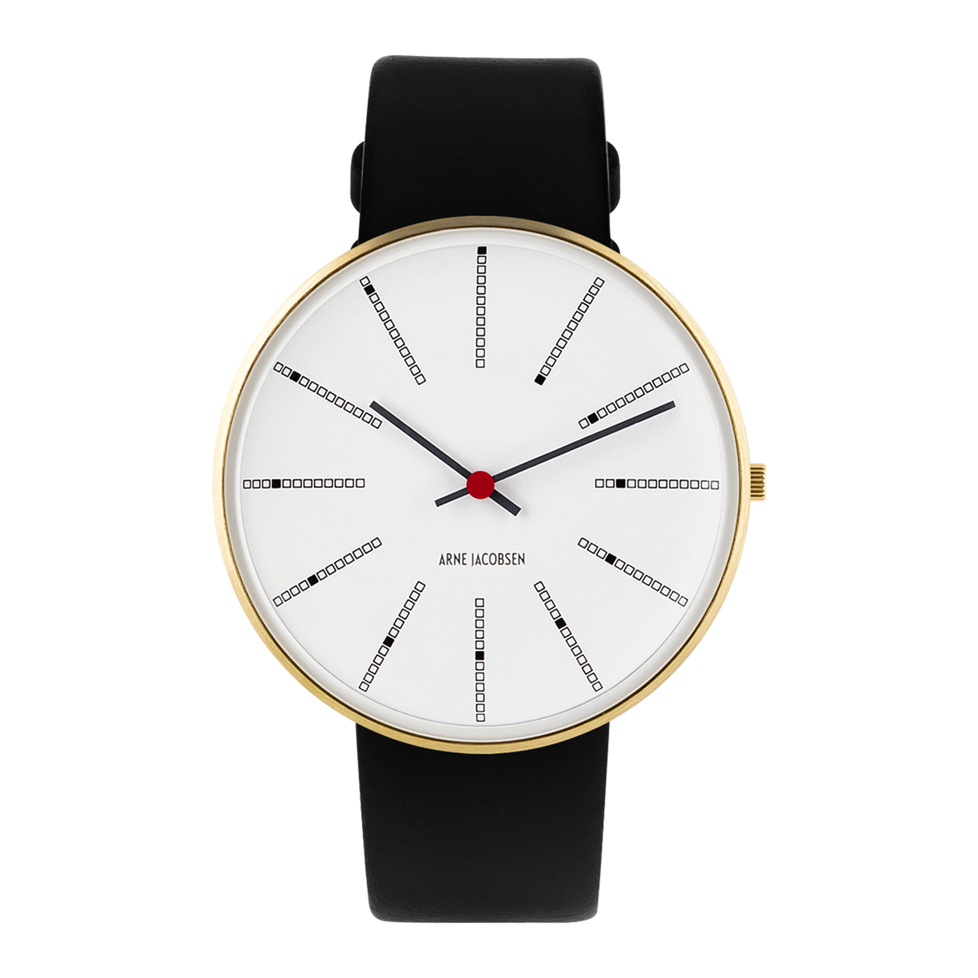 Frontvisning af Arne Jacobsen Bankers Hvid 40 mm forgyldt med hvid urskive og sort læderrem.
