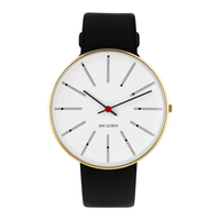 Frontvisning af Arne Jacobsen Bankers Hvid 40 mm forgyldt med hvid urskive og sort læderrem.