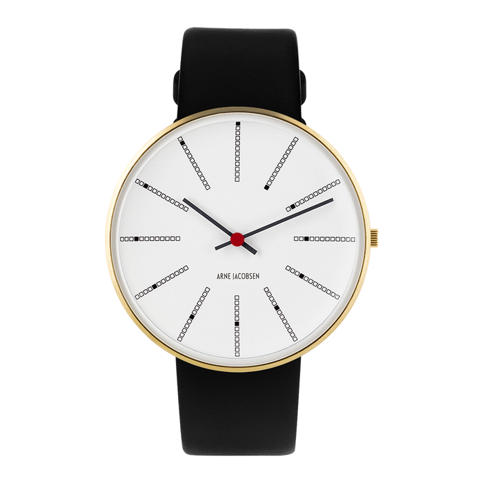 Frontvisning af Arne Jacobsen Bankers Hvid 40 mm forgyldt med hvid urskive og sort læderrem.