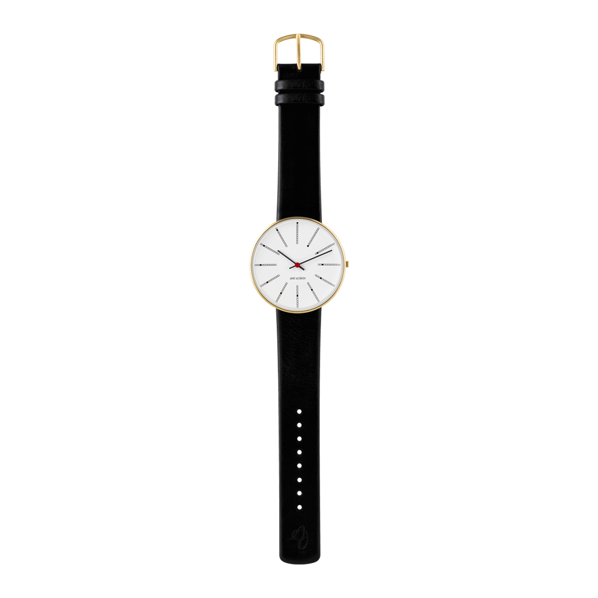 Arne Jacobsen Bankers Hvid 40 mm forgyldt med sort kalveskindsrem i fuld længde.