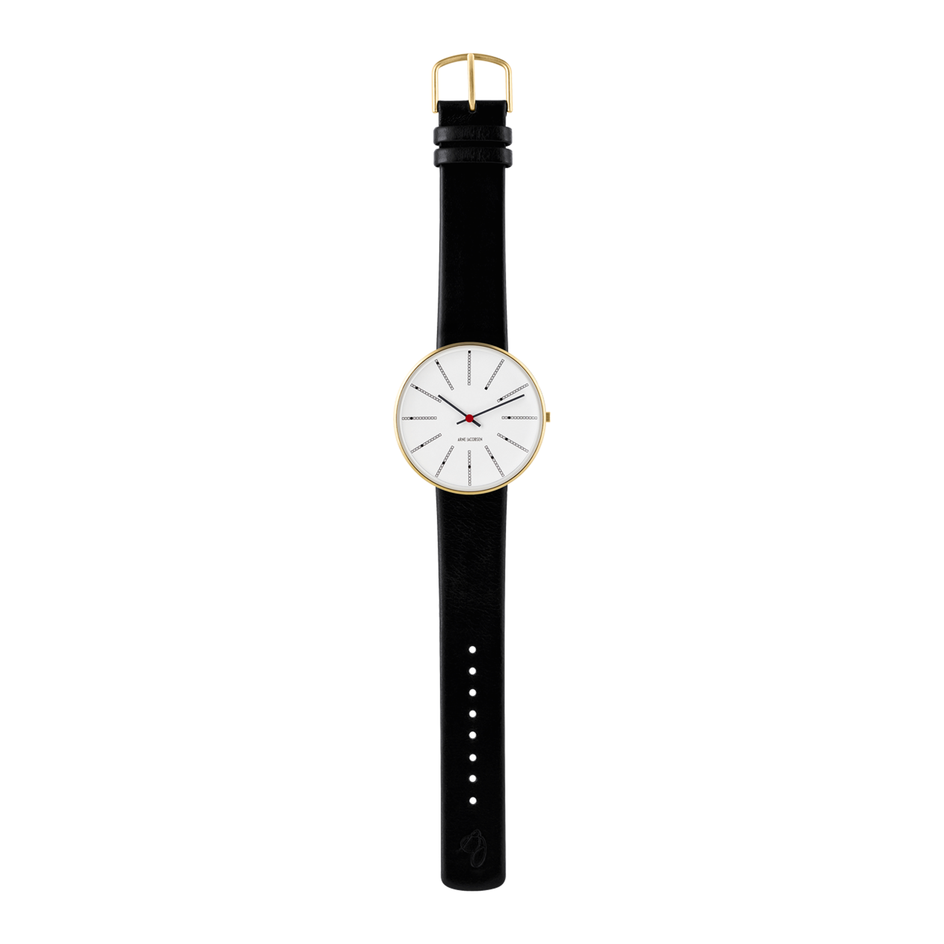 Arne Jacobsen Bankers Hvid 40 mm forgyldt med sort kalveskindsrem i fuld længde.