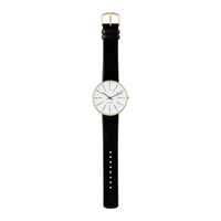 Arne Jacobsen Bankers Hvid 40 mm forgyldt med sort kalveskindsrem i fuld længde.