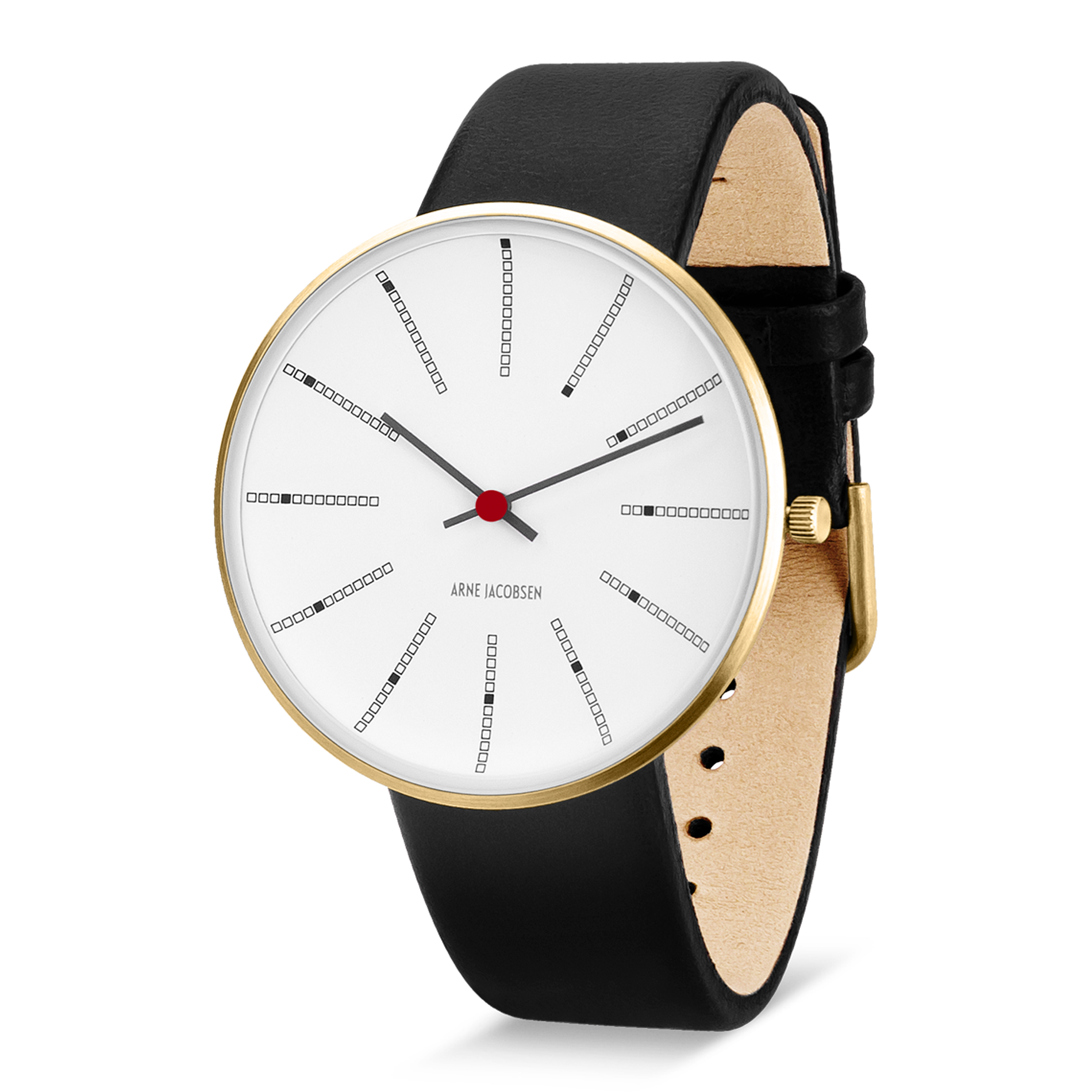 Arne Jacobsen Bankers Hvid 40 mm forgyldt ur med sort kalveskindsrem set fra vinkel.