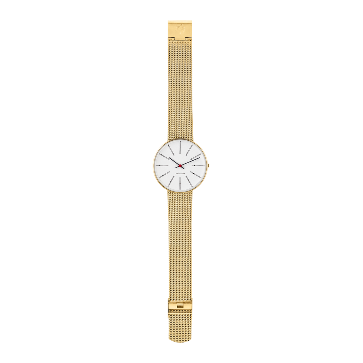Arne Jacobsen Bankers Hvid 40 mm forgyldt med 20 mm mesh-rem i mat guldfinish.