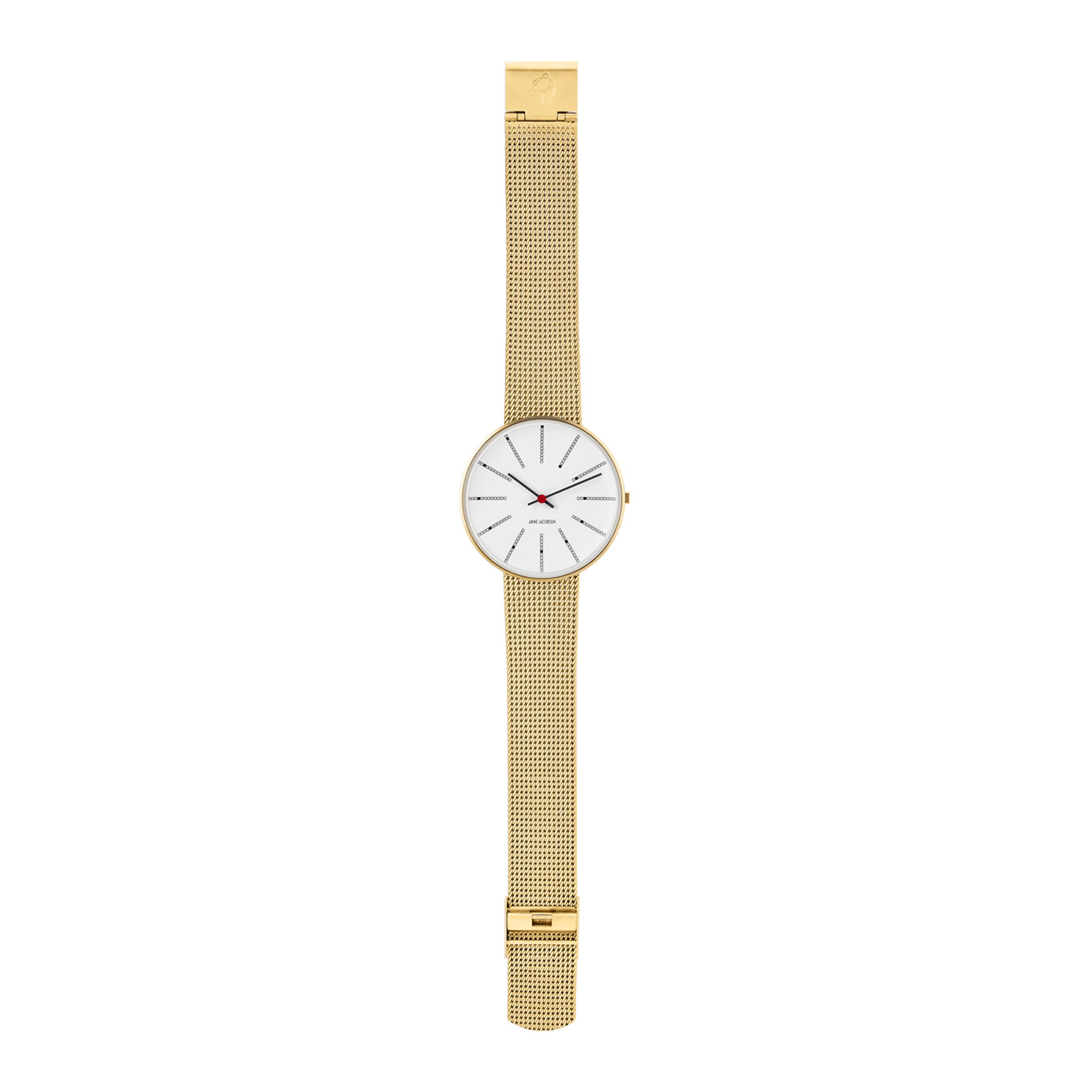Arne Jacobsen Bankers Hvid 40 mm forgyldt med 20 mm mesh-rem i mat guldfinish.