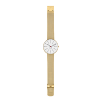 Arne Jacobsen Bankers Hvid 40 mm forgyldt med 20 mm mesh-rem i mat guldfinish.