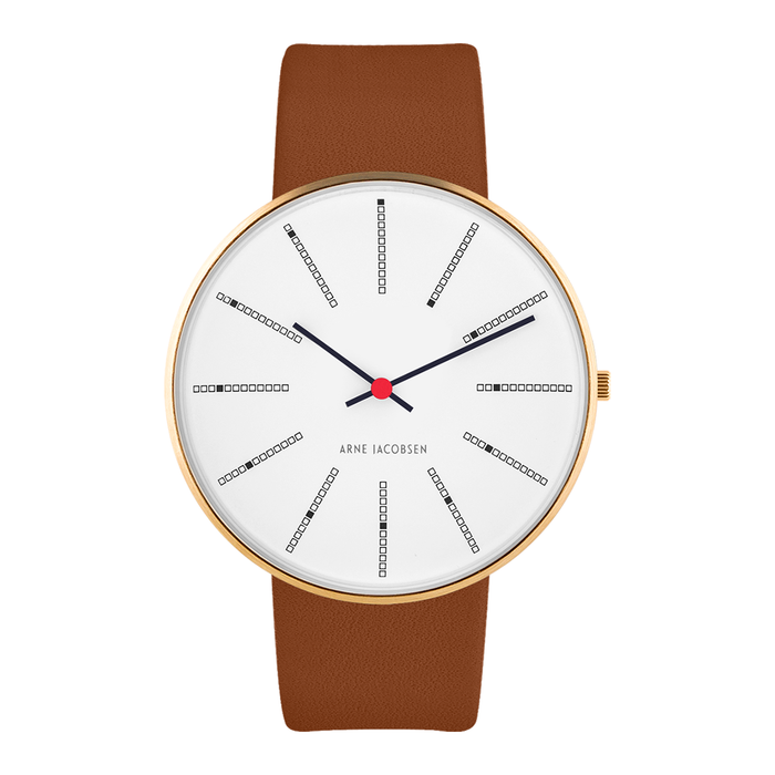 Frontvisning af Arne Jacobsen Bankers Hvid 40 mm forgyldt med hvid urskive og brun læderrem.